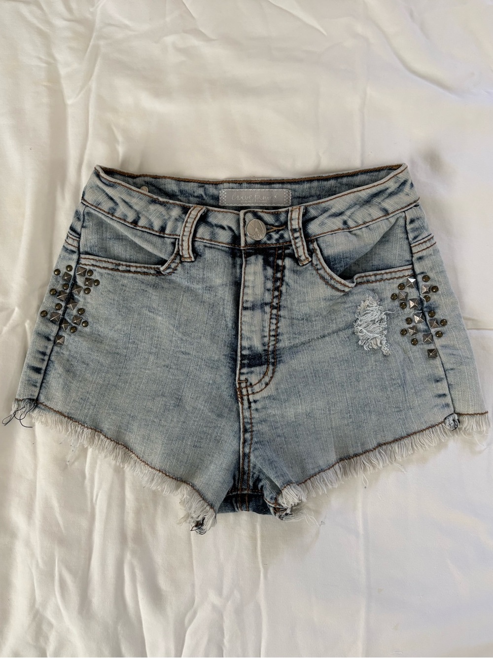 Crave Fame Light Blue Studded Frayed Hem Denim Shorts